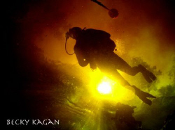an open water diver decends down into the moulth of a fre... by Becky Kagan 
